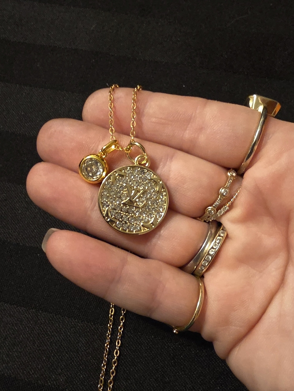 Upcycled Louis Vuitton Gold Pavé Crystal Round Pendant With 1 Ct Moissanite - Picture 8 of 8